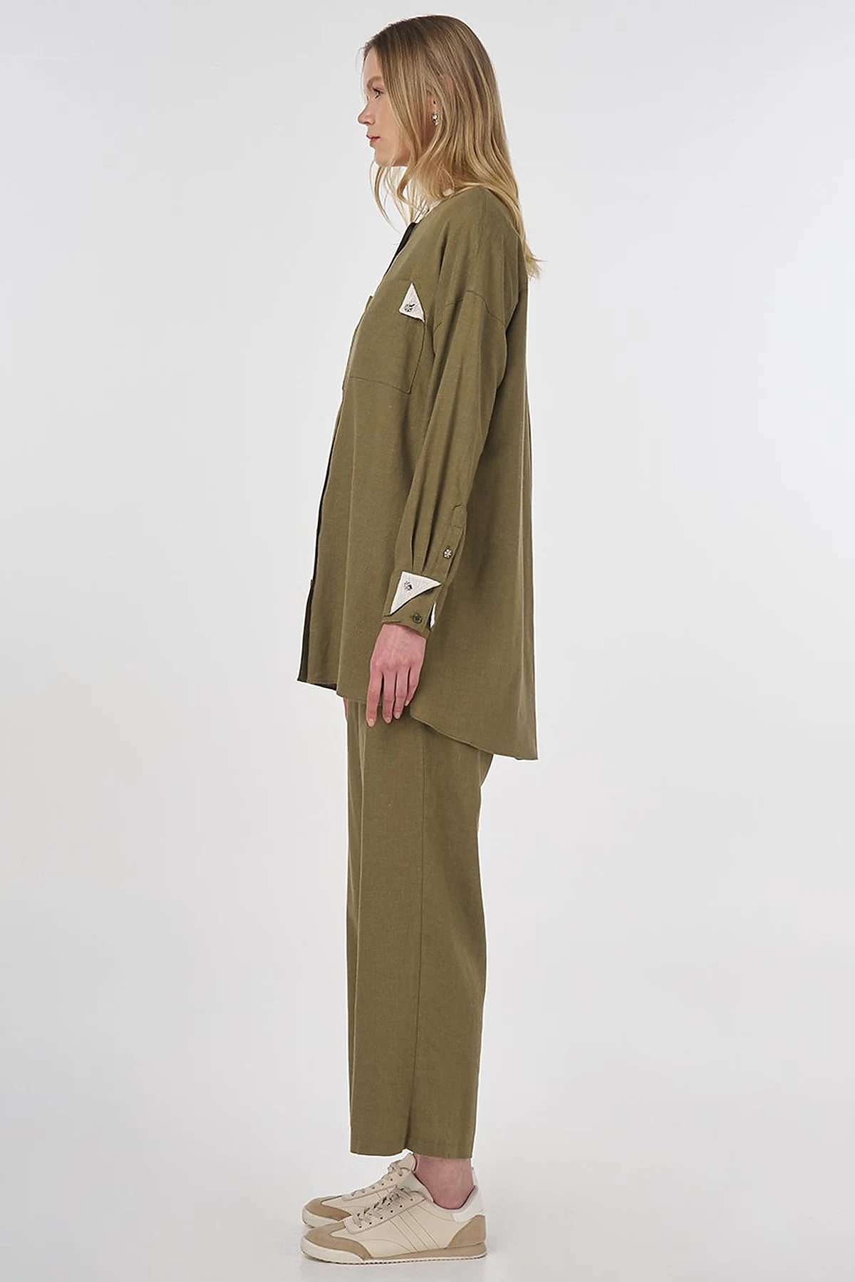 Mandarin Collar Linen Viscose Tunic Khaki