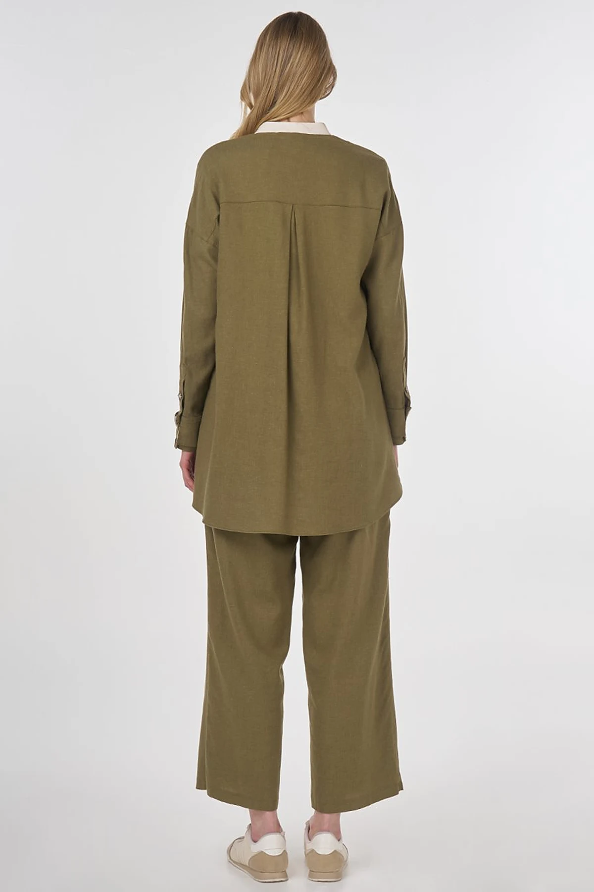 Mandarin Collar Linen Viscose Tunic Khaki
