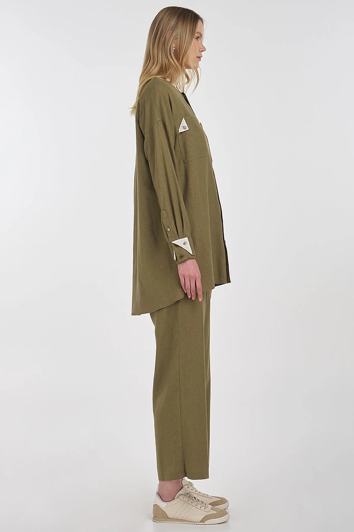 Mandarin Collar Linen Viscose Tunic Khaki