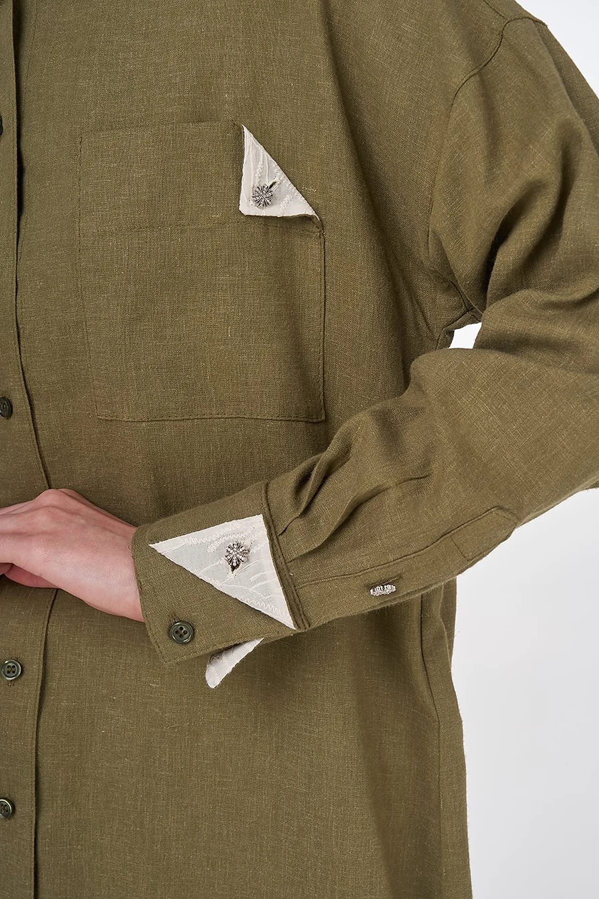 Mandarin Collar Linen Viscose Tunic Khaki