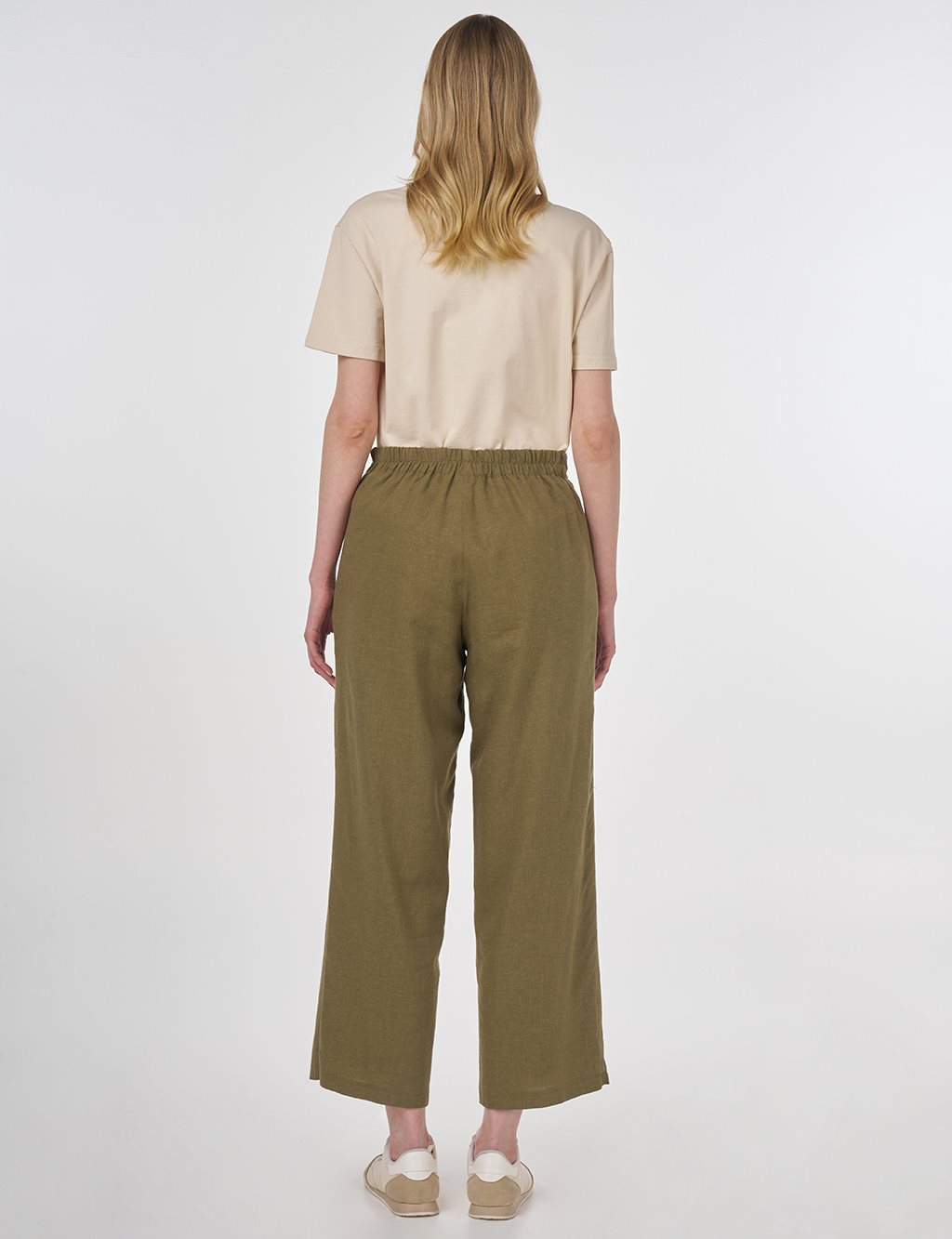 Linen-Blend High-Waisted Pants in Khaki