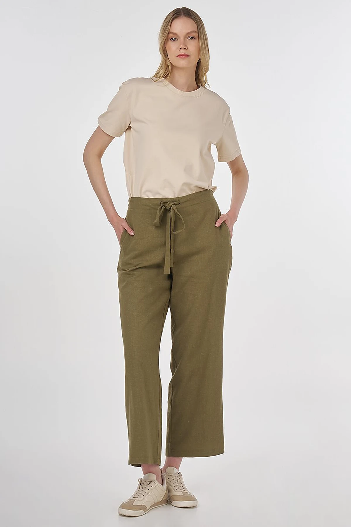 High-Waisted Viscose Linen Pants Khaki