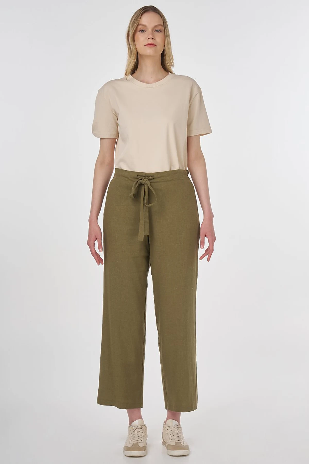 High-Waisted Viscose Linen Pants Khaki