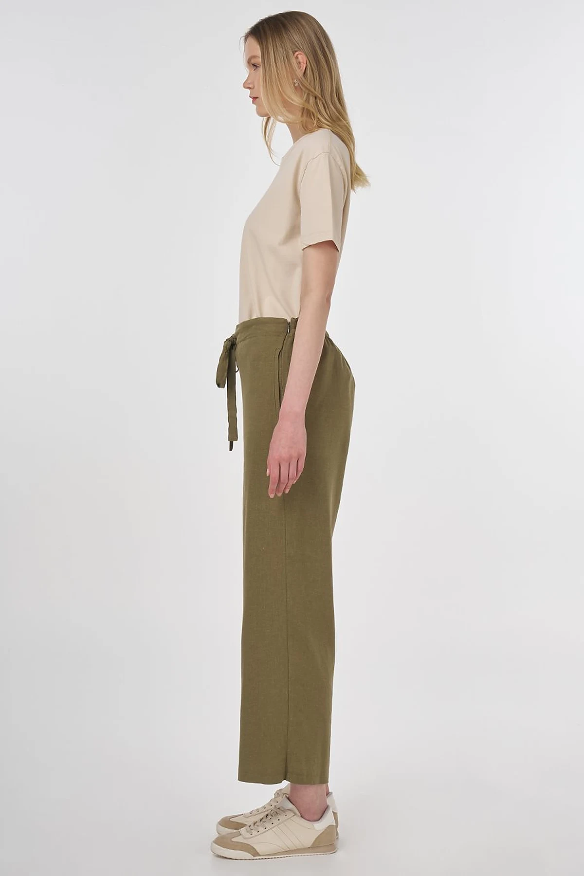 High-Waisted Viscose Linen Pants Khaki
