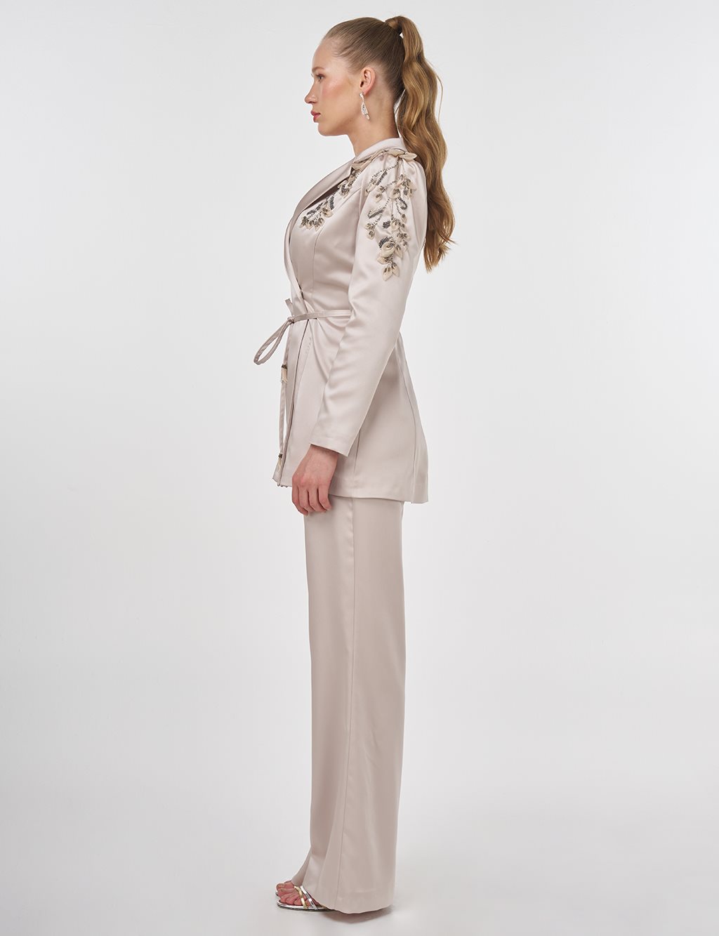 Embroidered Satin Two-Piece Set Stone