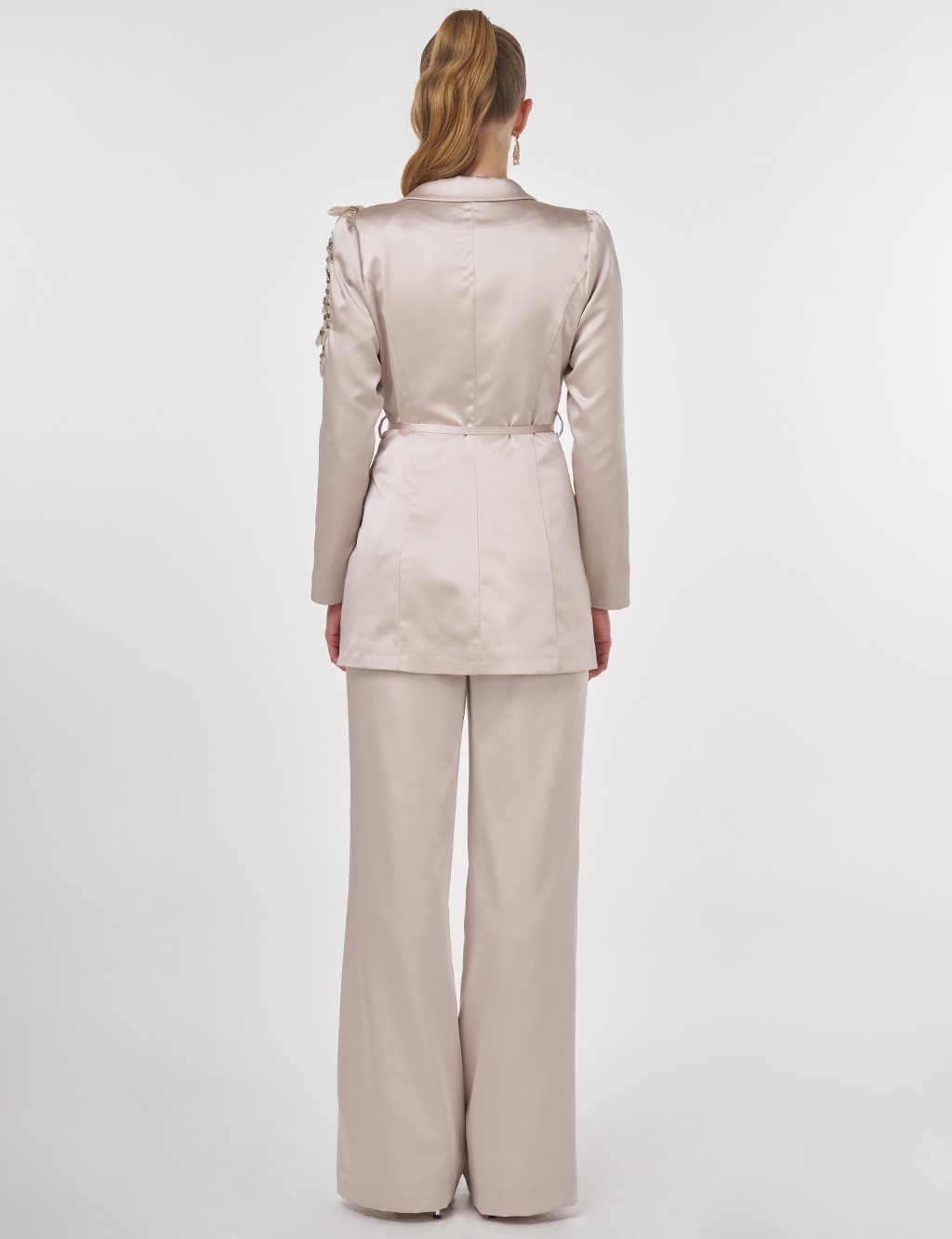 Embroidered Satin Two-Piece Set Stone