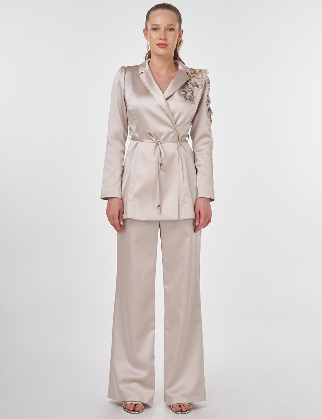 Embroidered Satin Two-Piece Set Stone