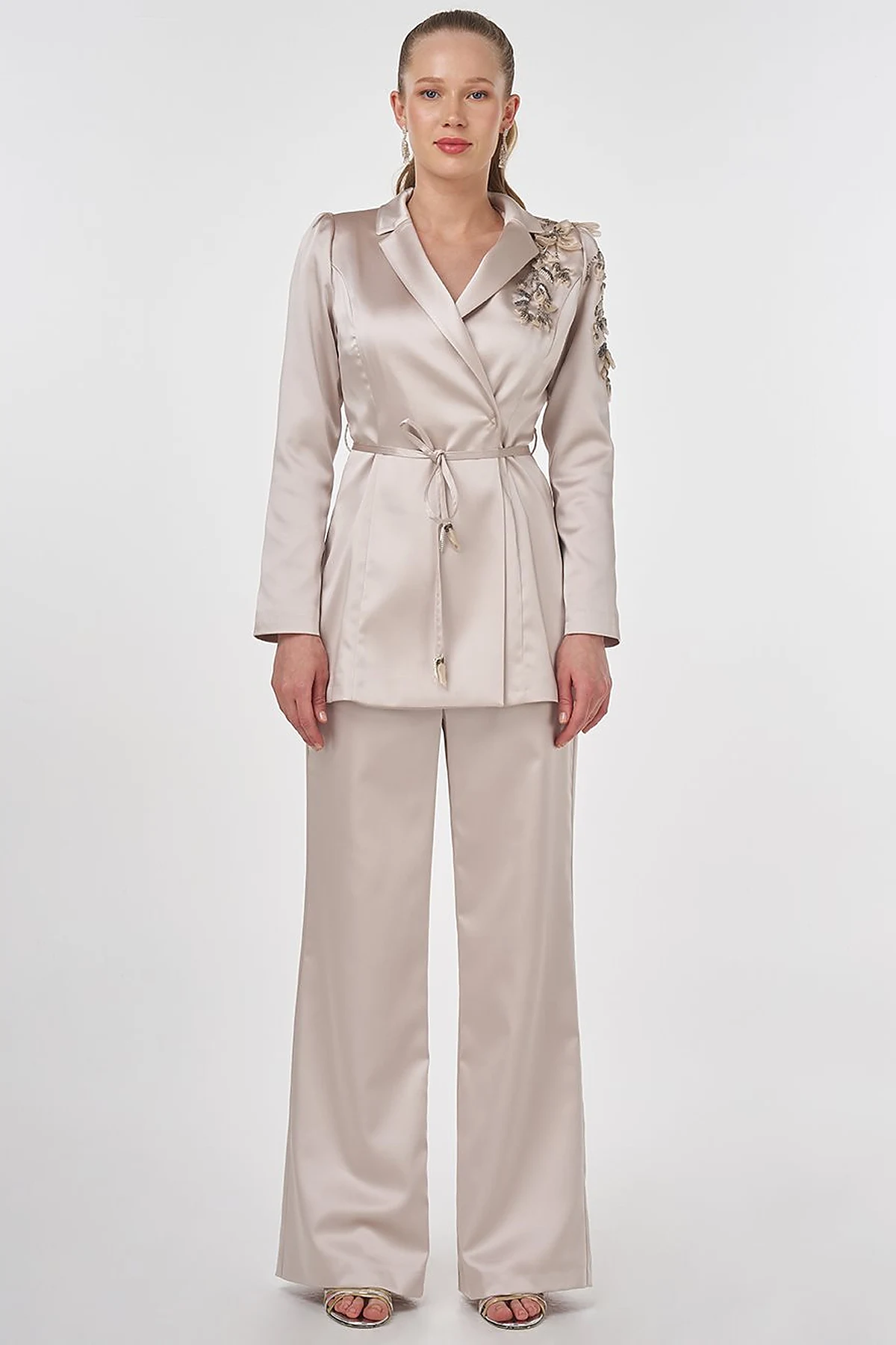 Embroidered Satin Two-Piece Set Stone