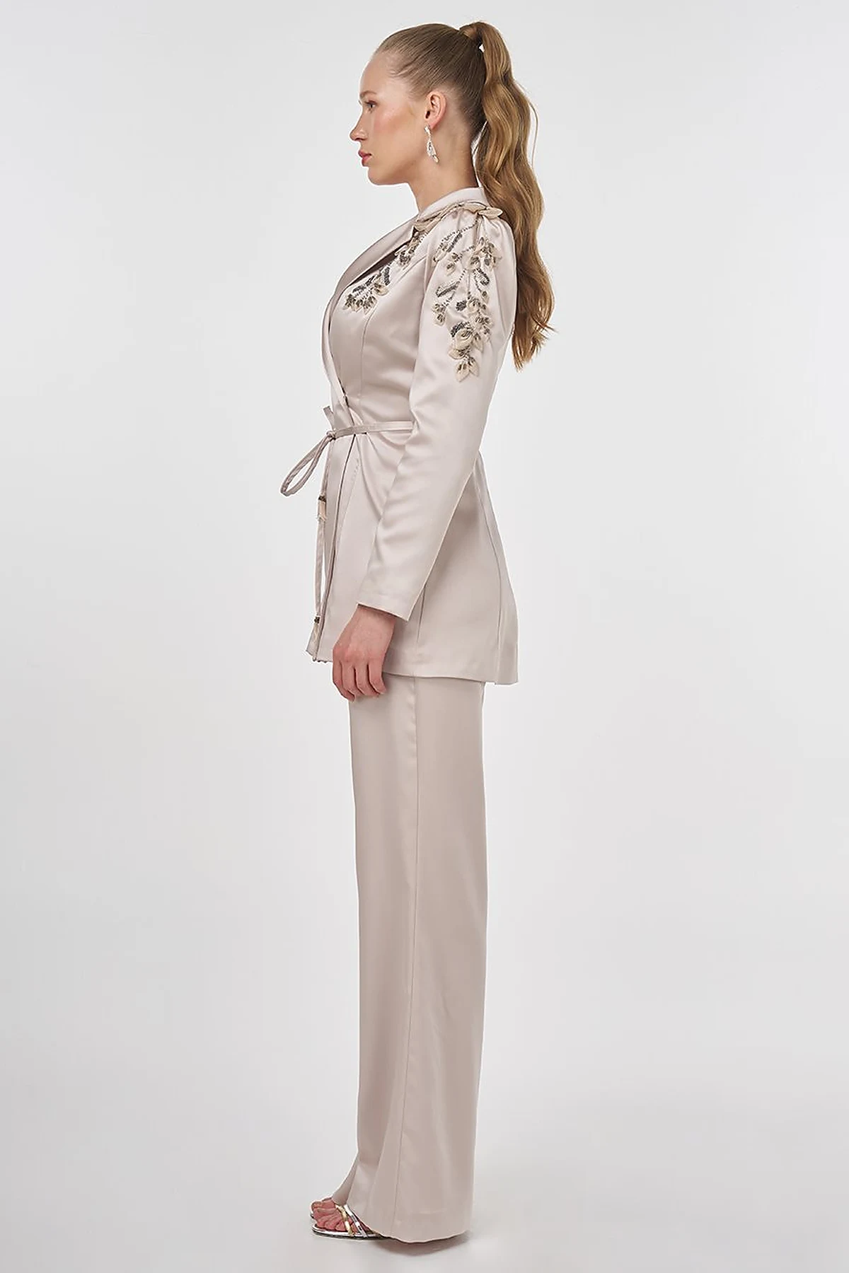 Embroidered Satin Two-Piece Set Stone