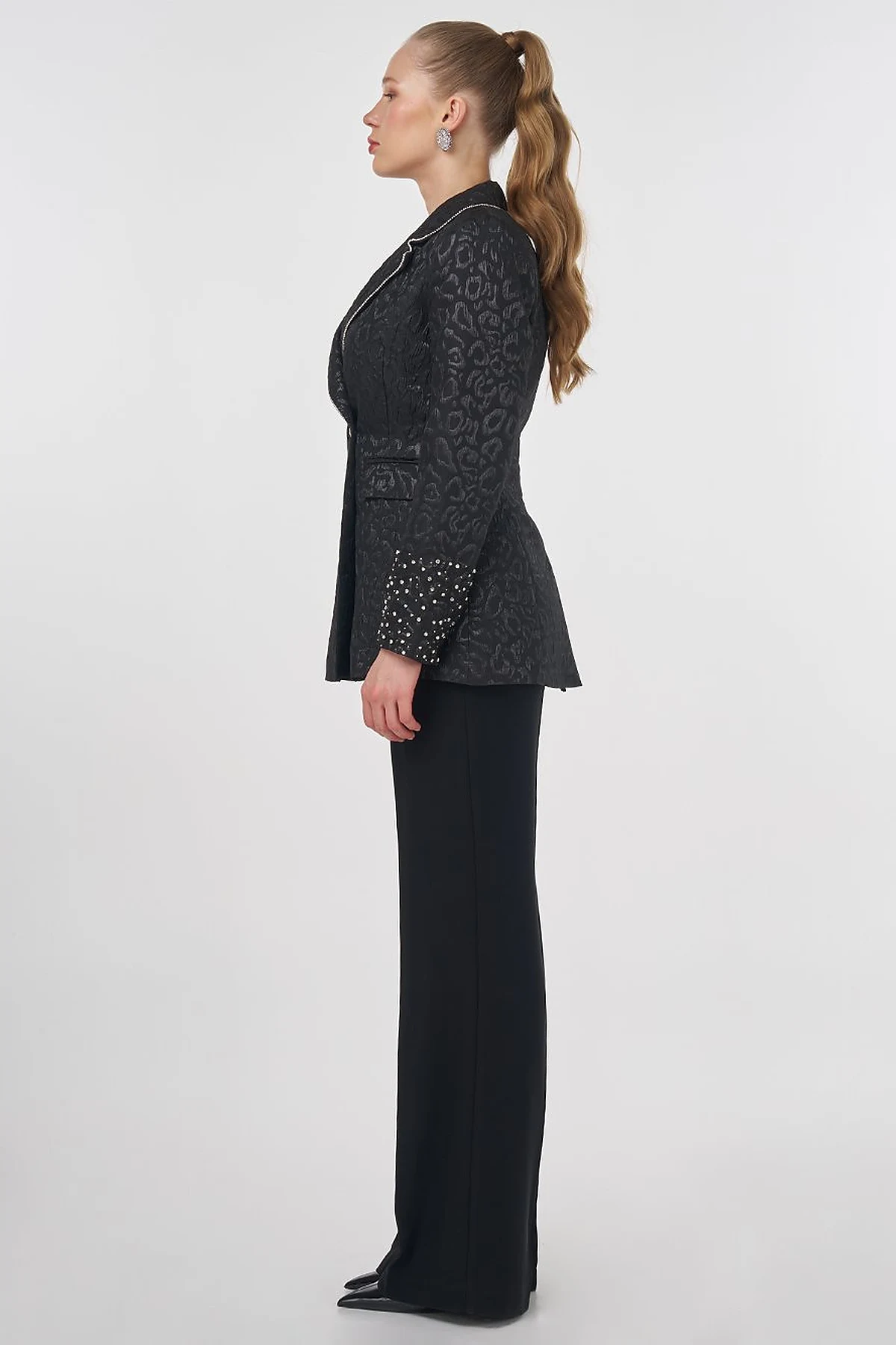 Stone-Embellished Jacquard Blazer Jacket Black