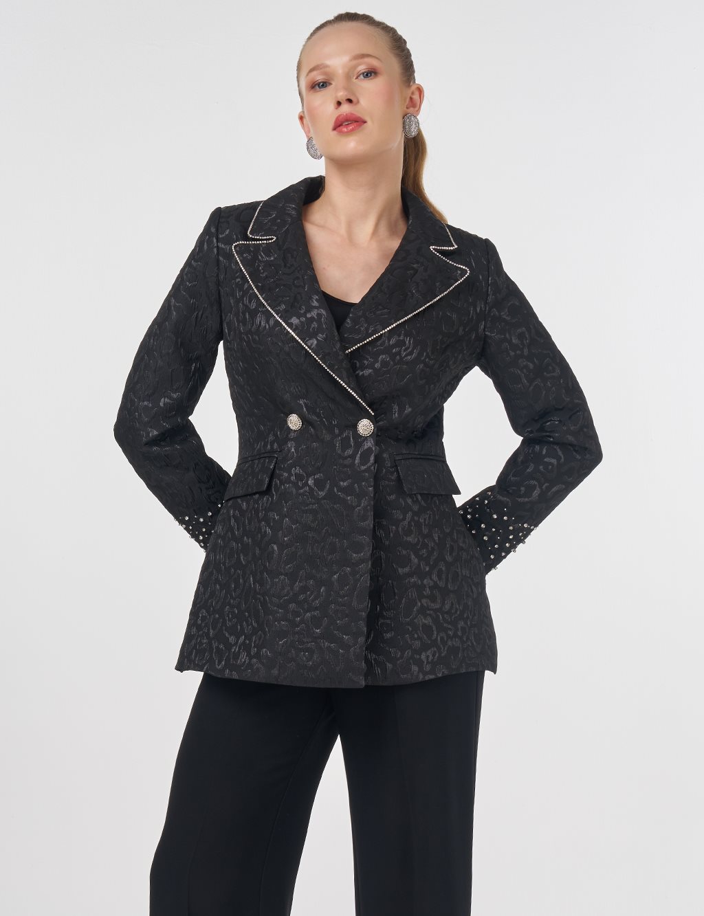 Stone-Embellished Jacquard Blazer Jacket Black
