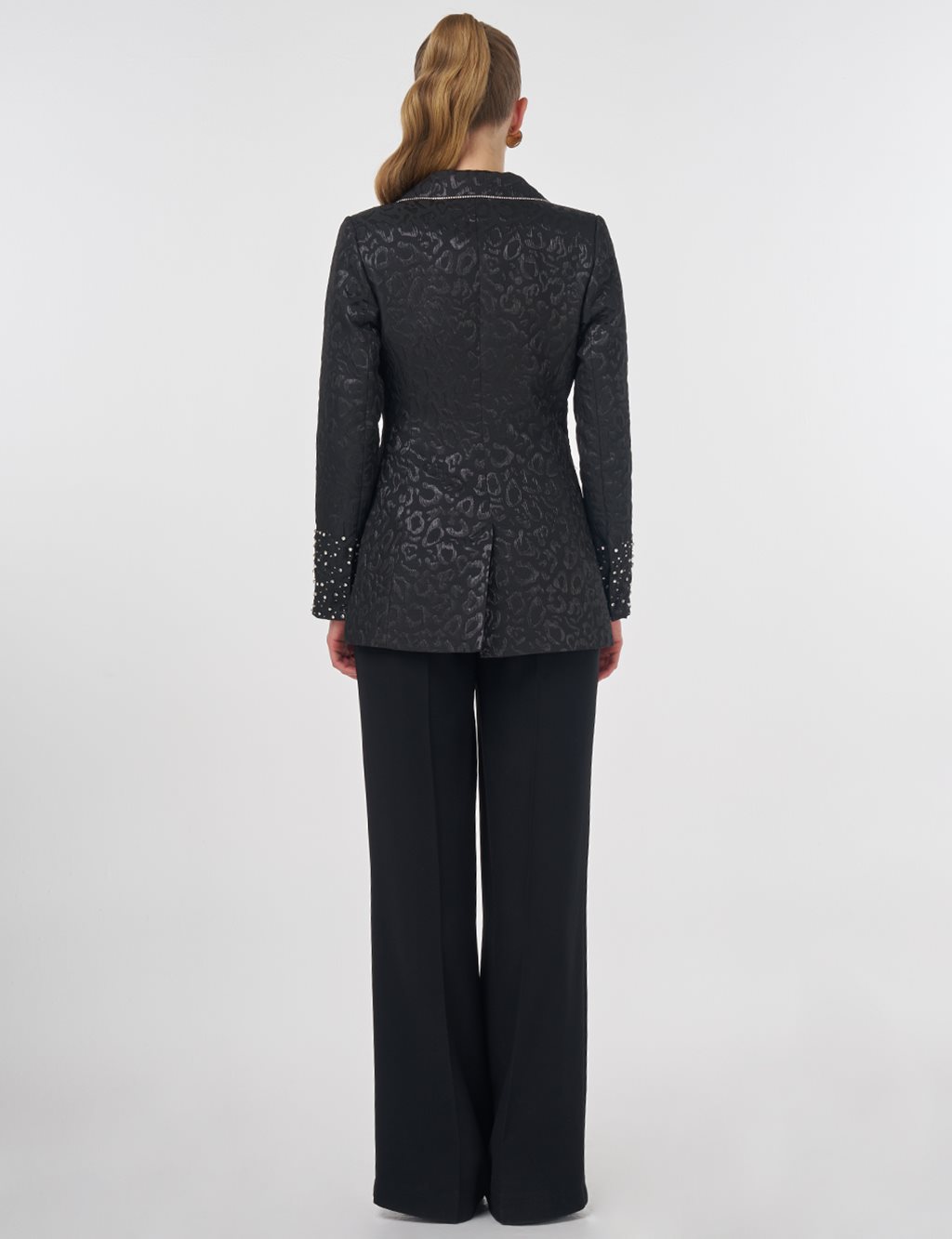 Stone-Embellished Jacquard Blazer Jacket Black