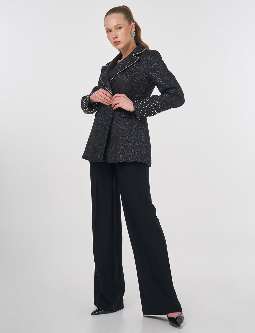 Stone-Embellished Jacquard Blazer Jacket Black