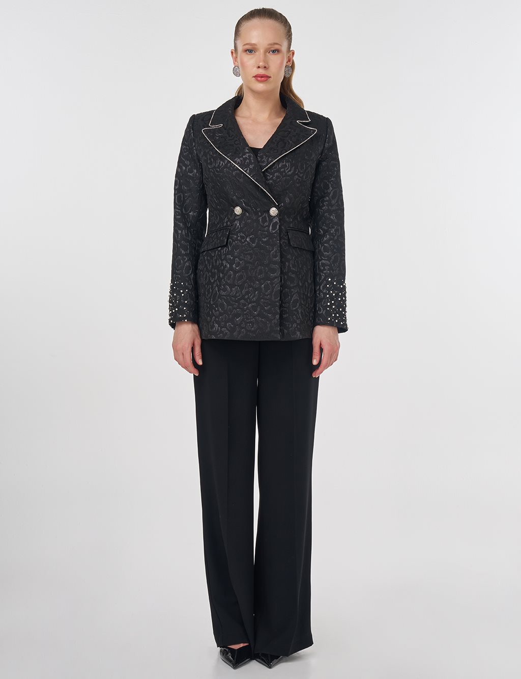 Stone-Embellished Jacquard Blazer Jacket Black