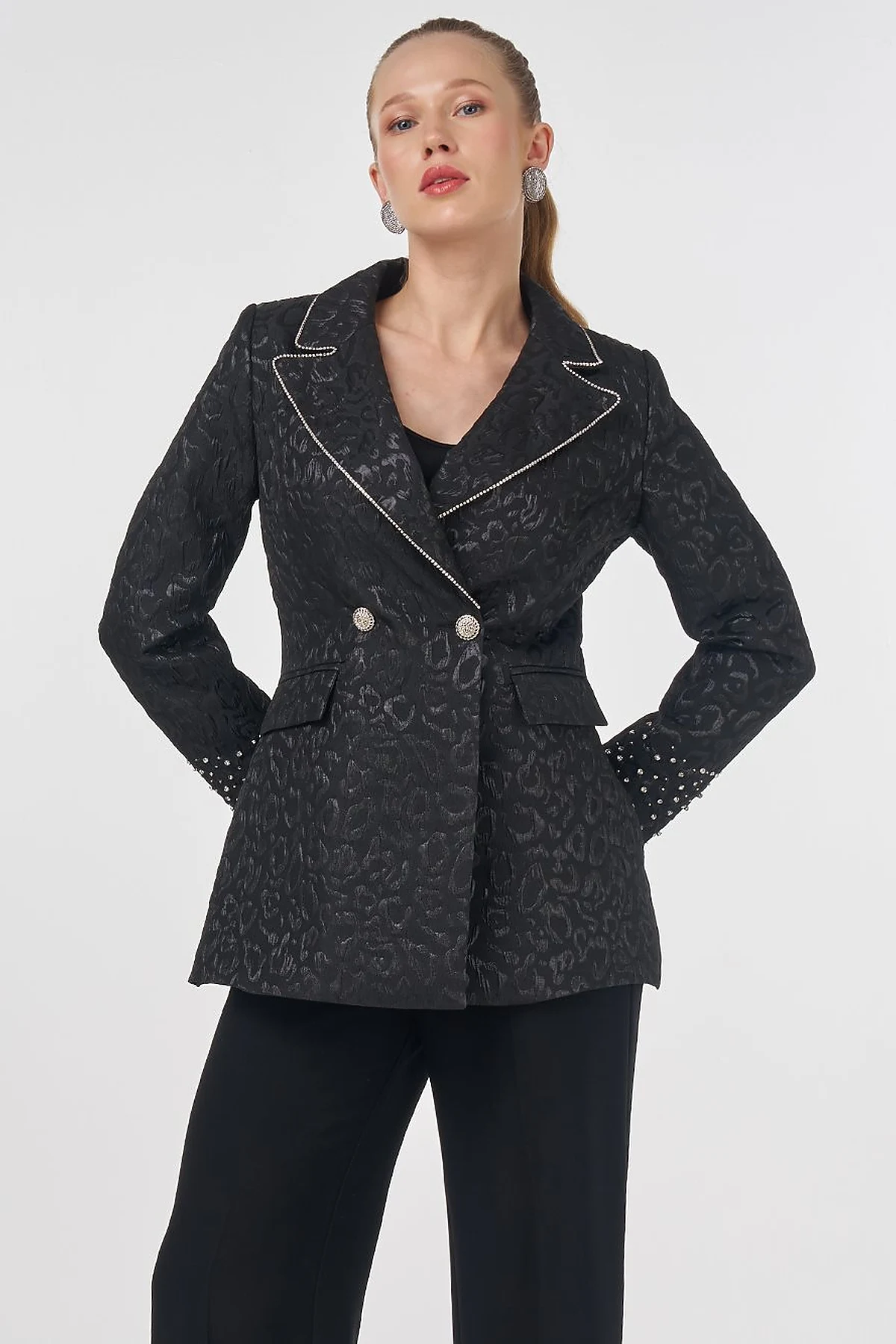 Stone-Embellished Jacquard Blazer Jacket Black