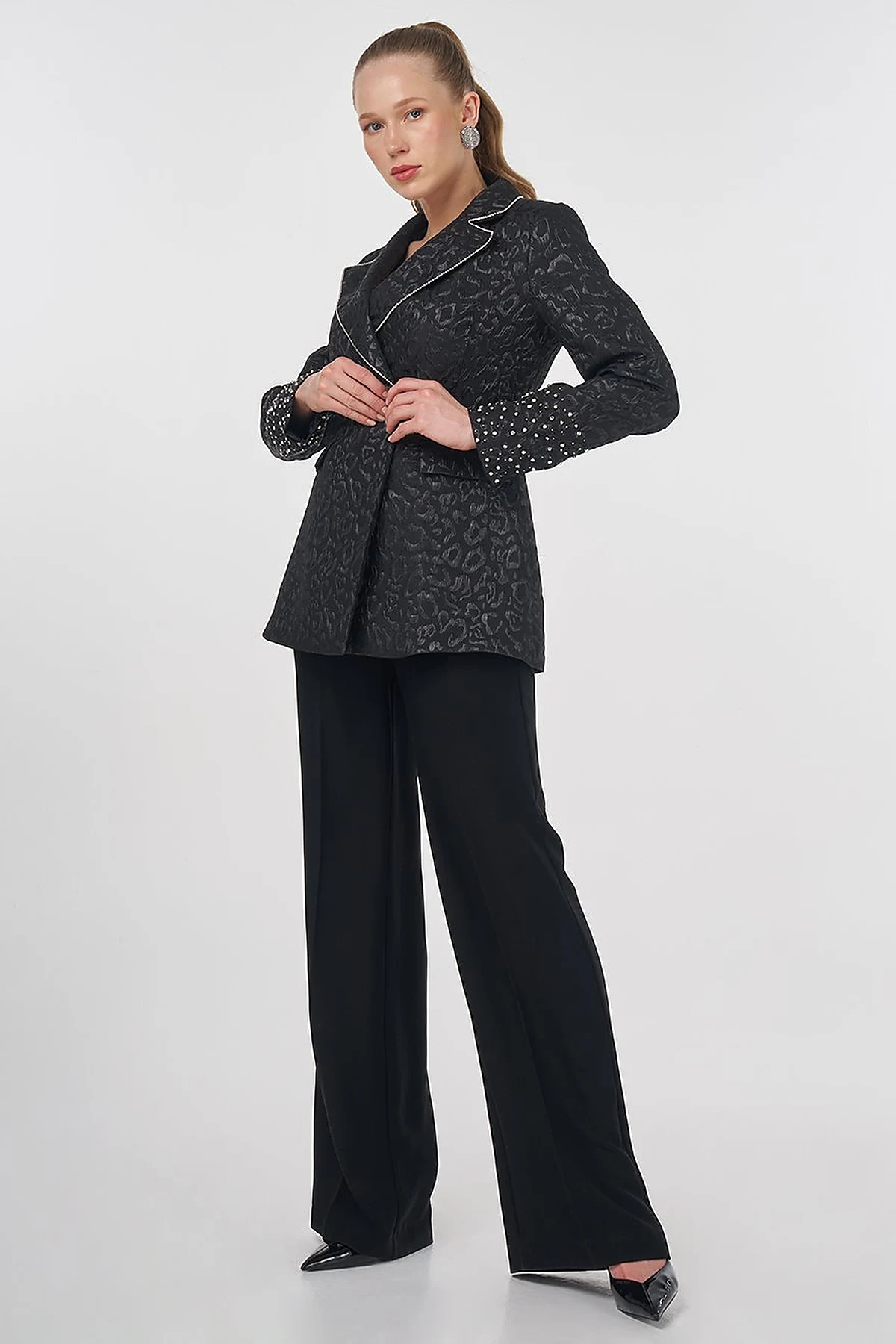 Stone-Embellished Jacquard Blazer Jacket Black