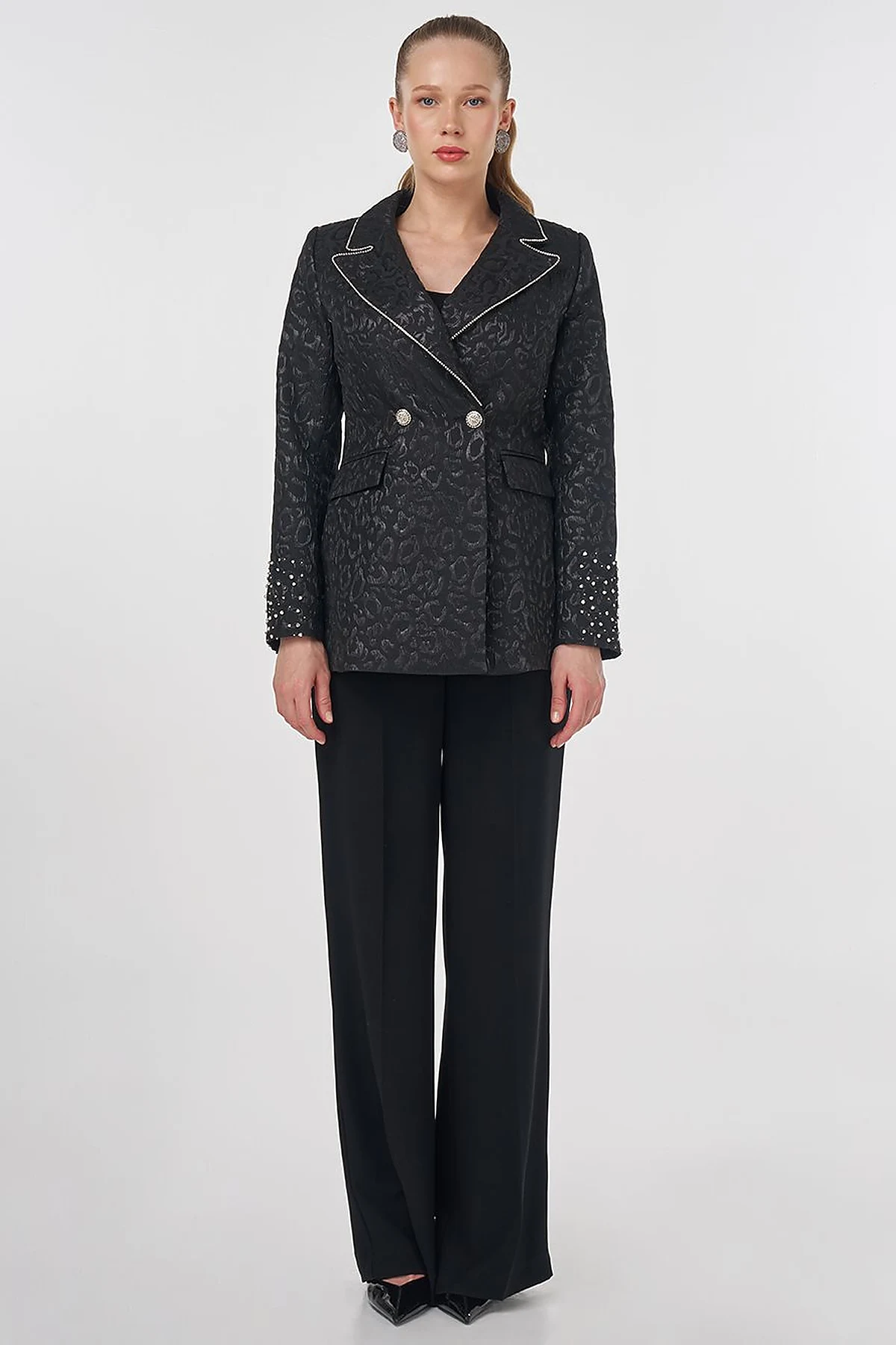 Stone-Embellished Jacquard Blazer Jacket Black