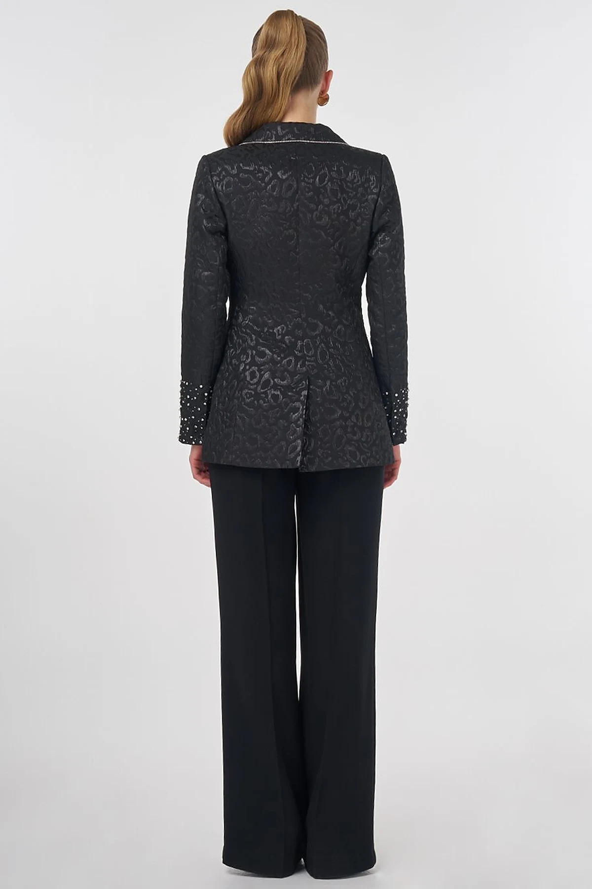 Stone-Embellished Jacquard Blazer Jacket Black