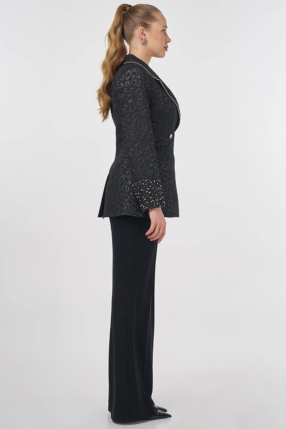 Stone-Embellished Jacquard Blazer Jacket Black