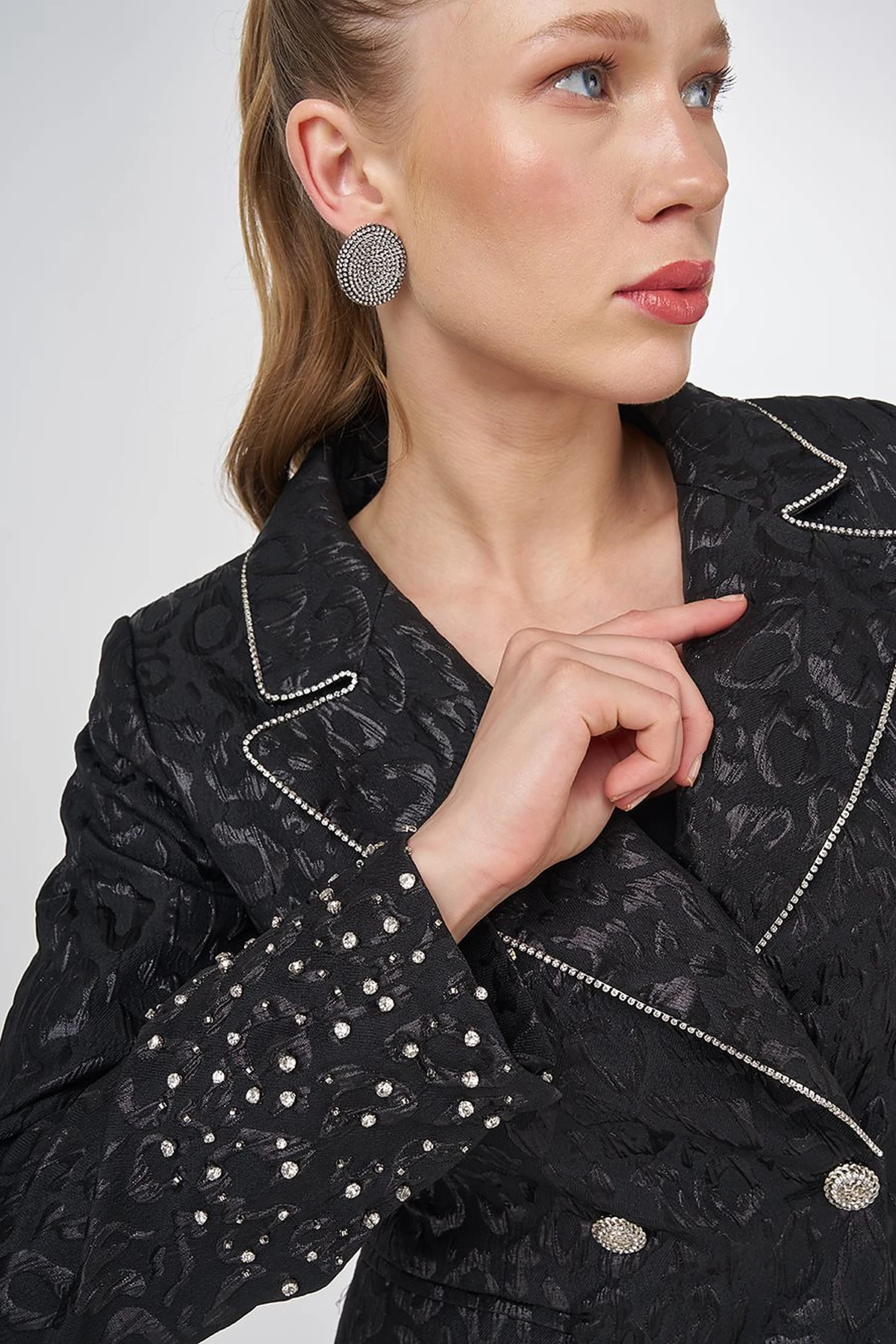 Stone-Embellished Jacquard Blazer Jacket Black