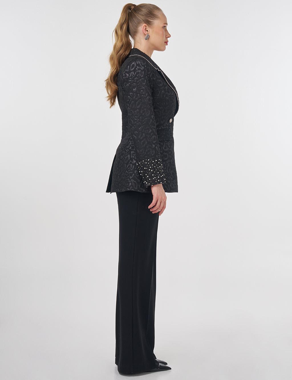 Stone-Embellished Jacquard Blazer Jacket Black
