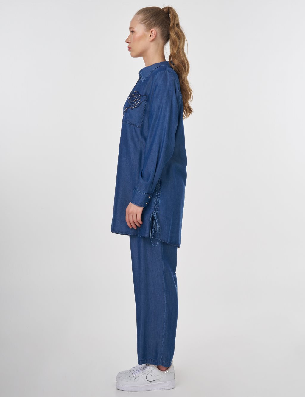 Embroidered Lyocell Two-Piece Set Indigo