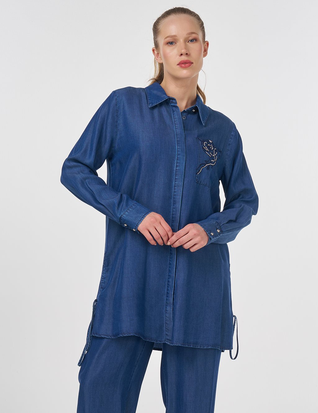 Embroidered Lyocell Two-Piece Set Indigo