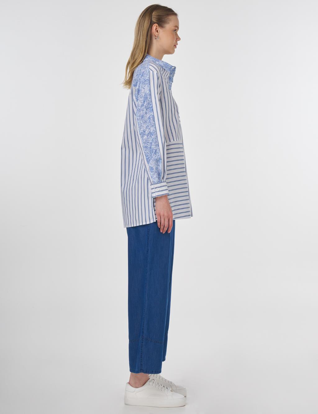 Fabric-Trimmed Striped Tunic Indigo 