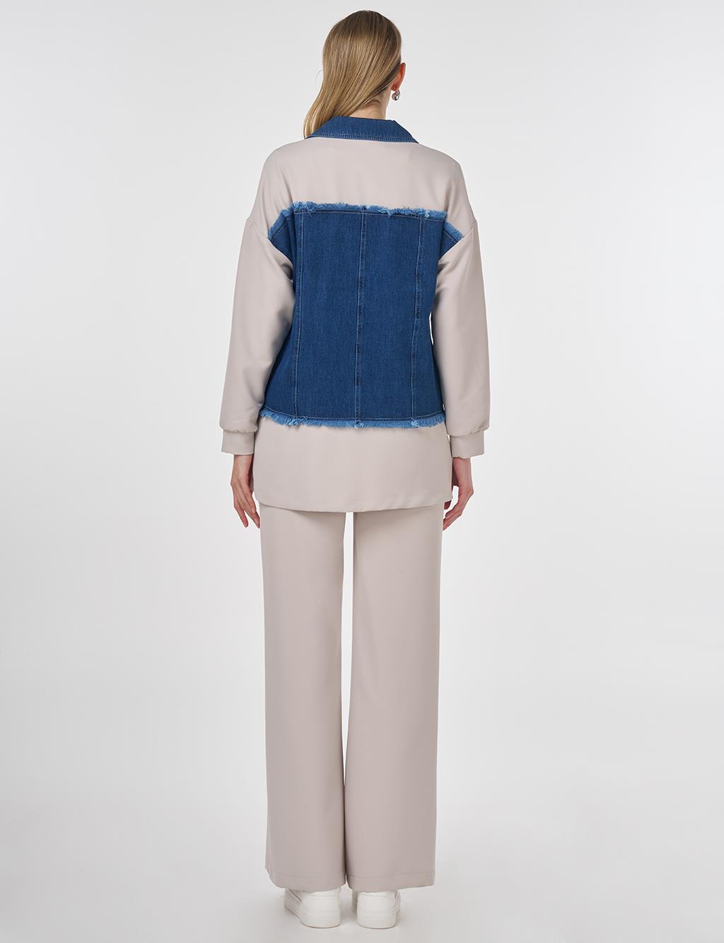 Denim Panel Detailed Two-Piece Set Light Grey