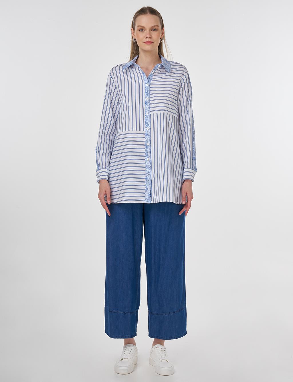 Fabric-Trimmed Striped Tunic Indigo 