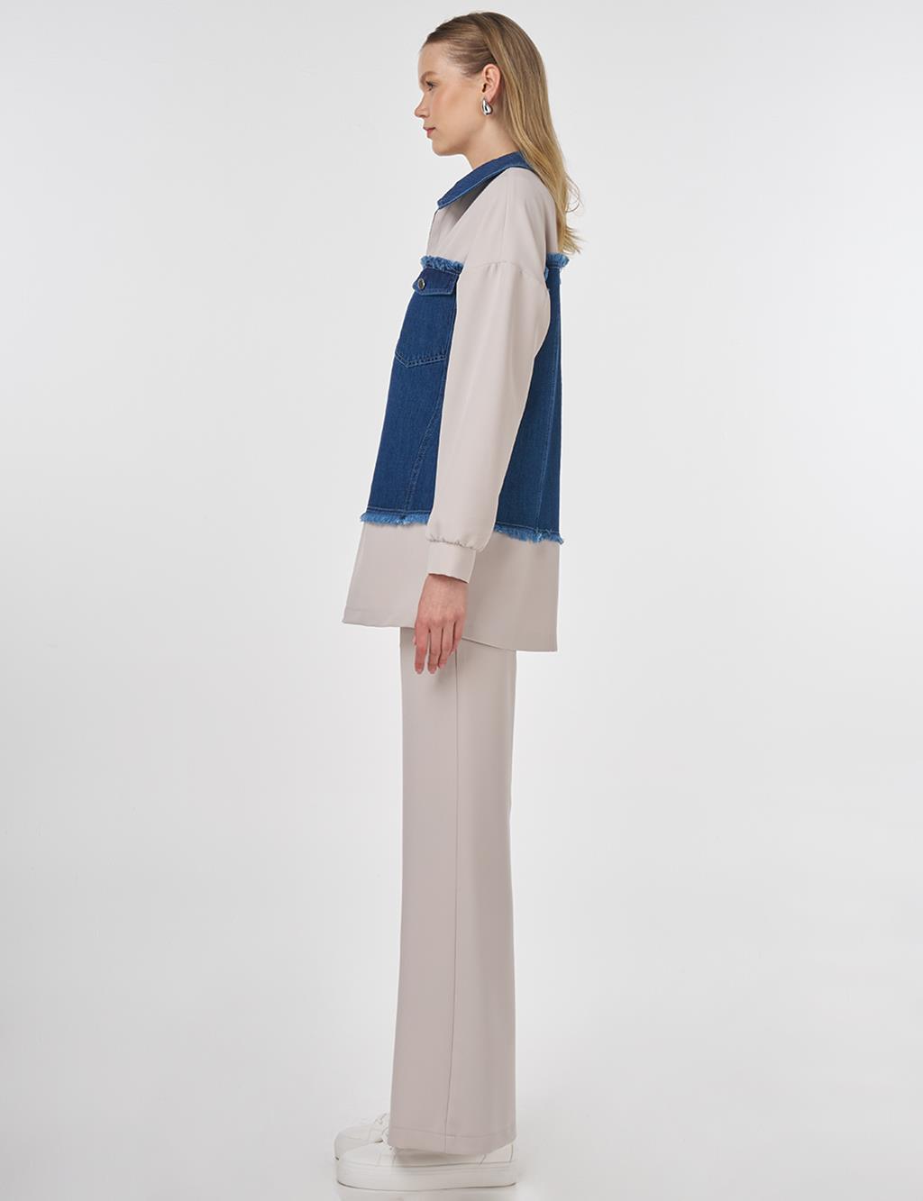 Denim Panel Detailed Two-Piece Set Light Grey