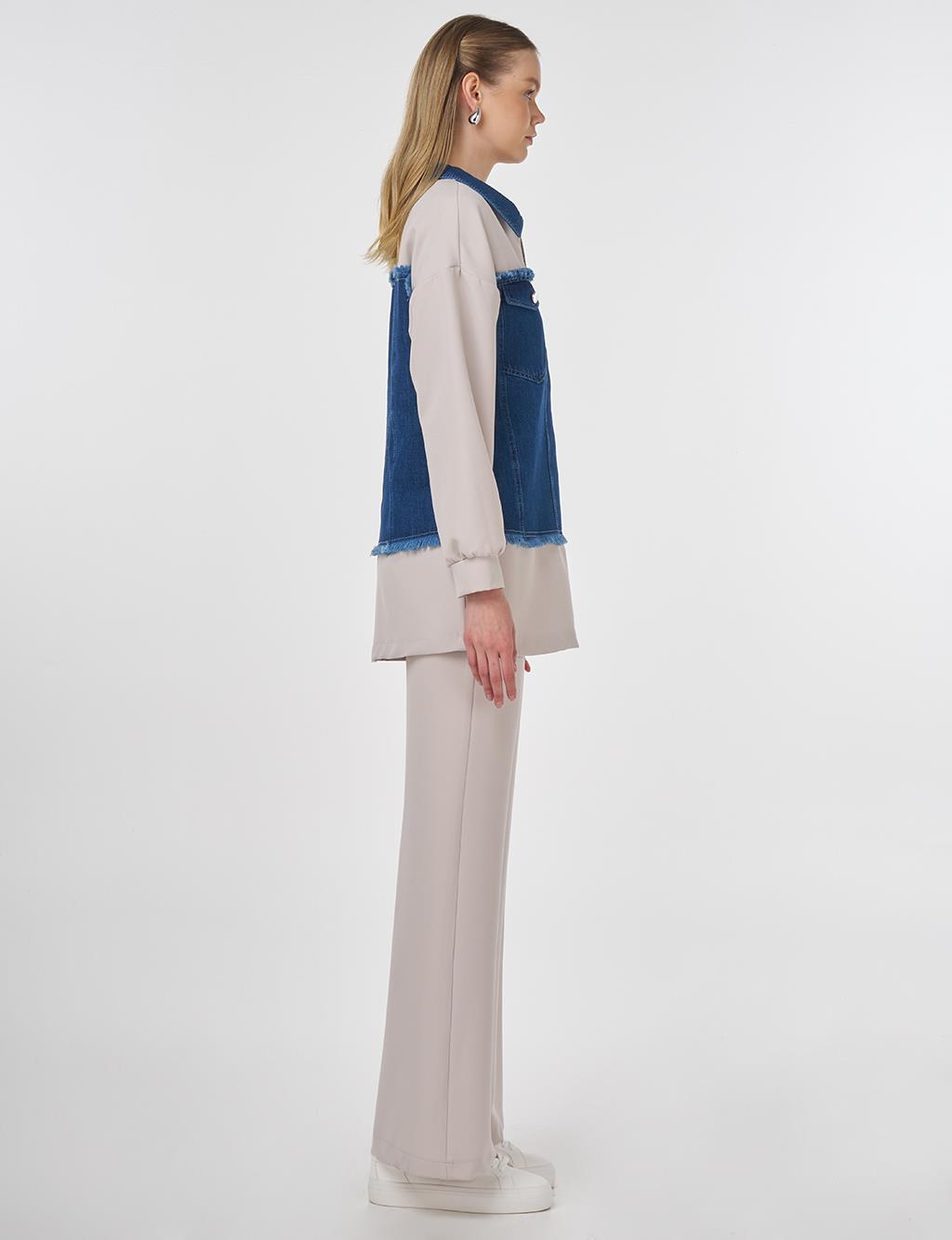 Denim Panel Detailed Two-Piece Set Light Grey