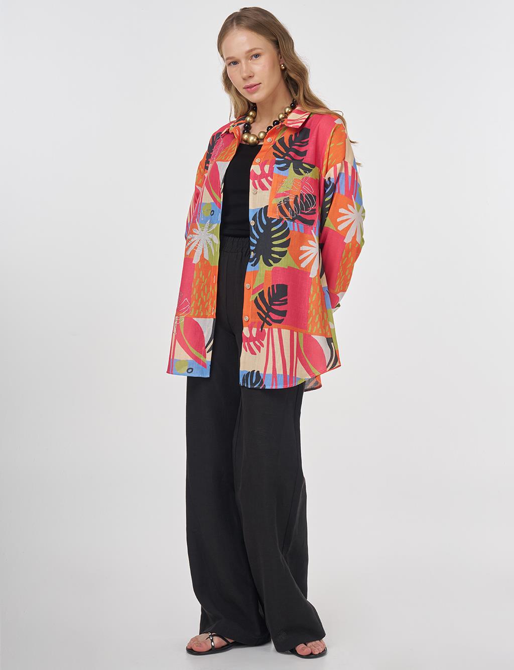 Floral Desenli Gömlek Yaka Tunik Fuşya