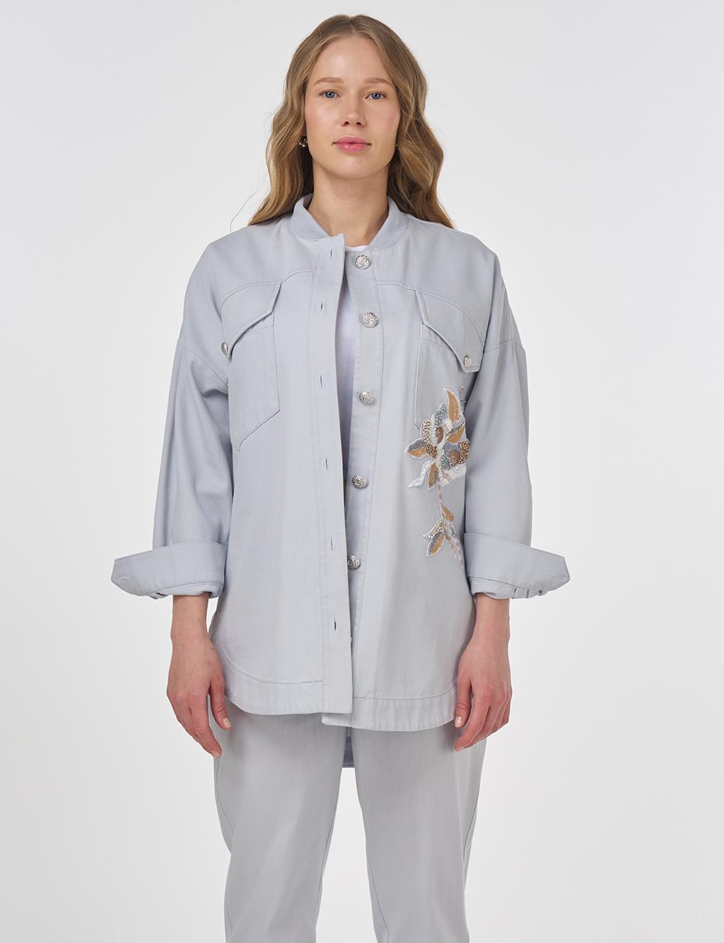 Embroidered Canvas Jacket Blue