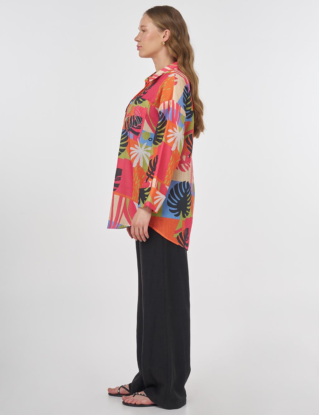 Floral Desenli Gömlek Yaka Tunik Fuşya