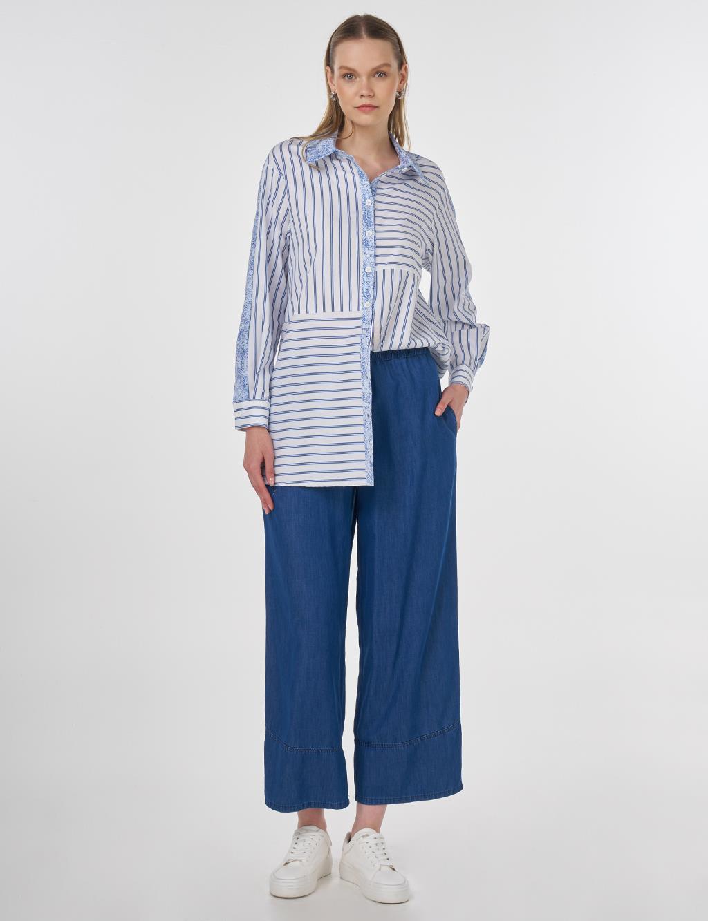 Fabric-Trimmed Striped Tunic Indigo 