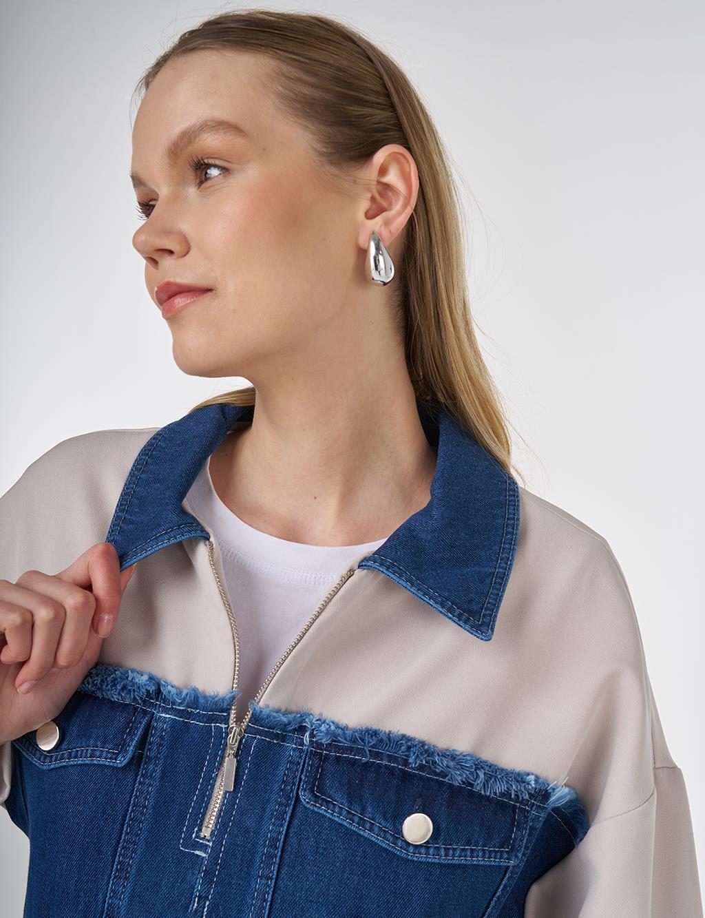 Denim Panel Detailed Two-Piece Set Light Grey