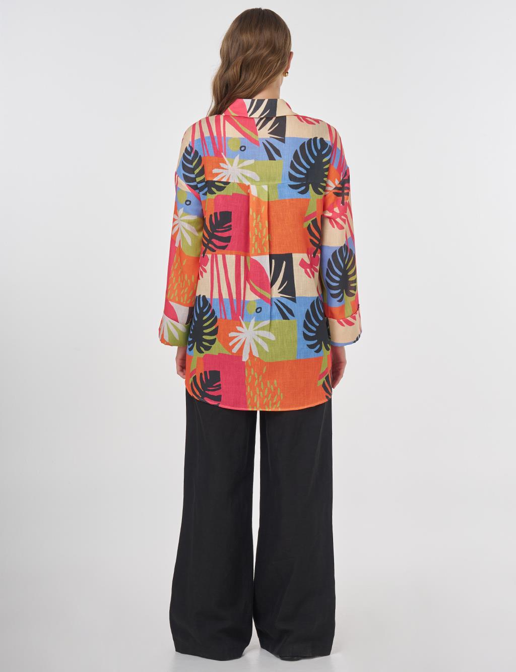 Floral Desenli Gömlek Yaka Tunik Fuşya