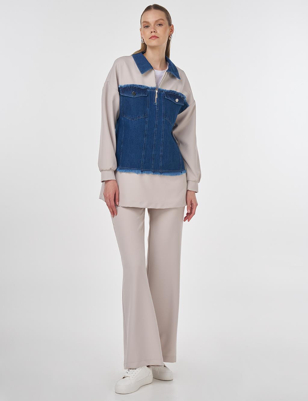 Denim Panel Detailed Two-Piece Set Light Grey