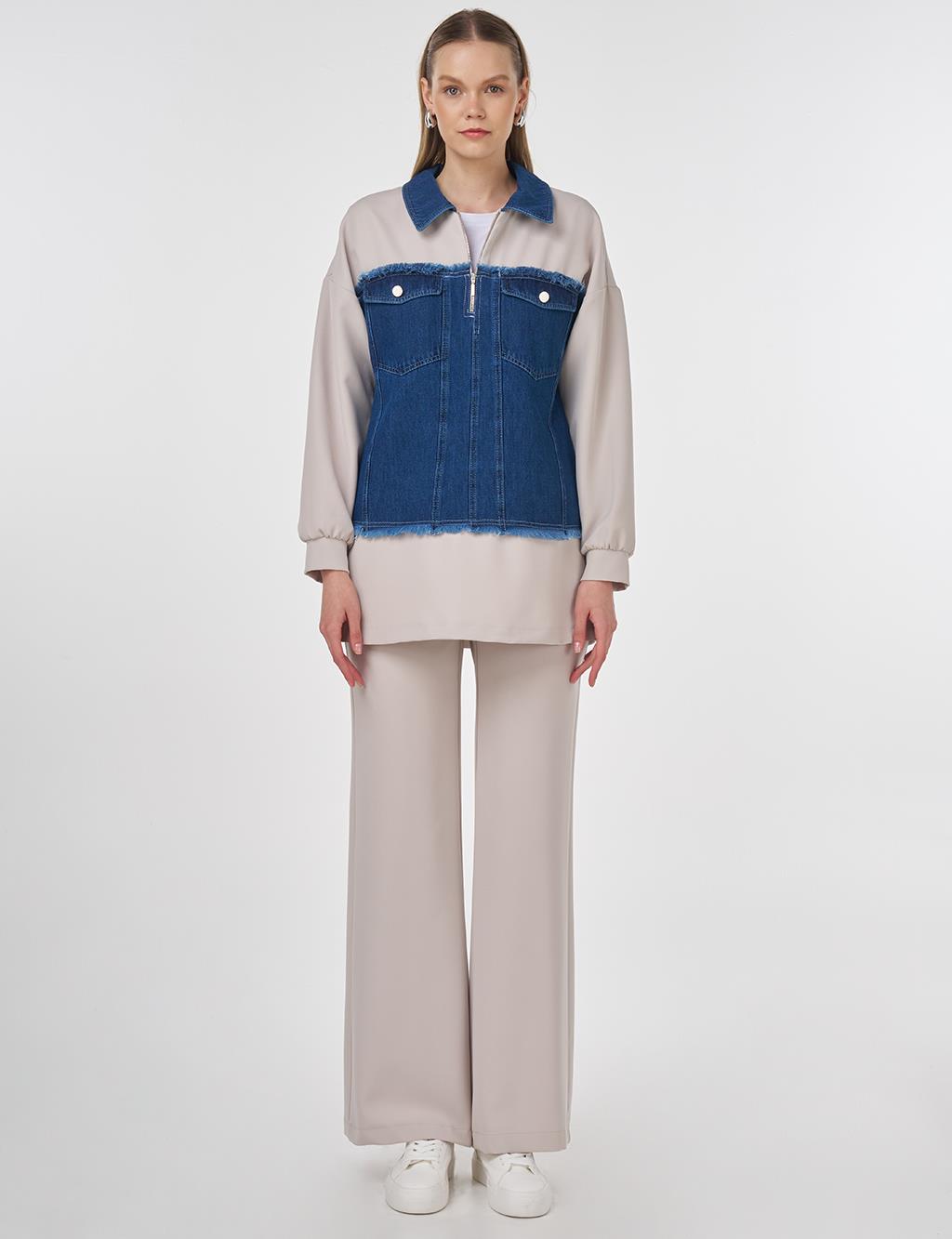 Denim Panel Detailed Two-Piece Set Light Grey