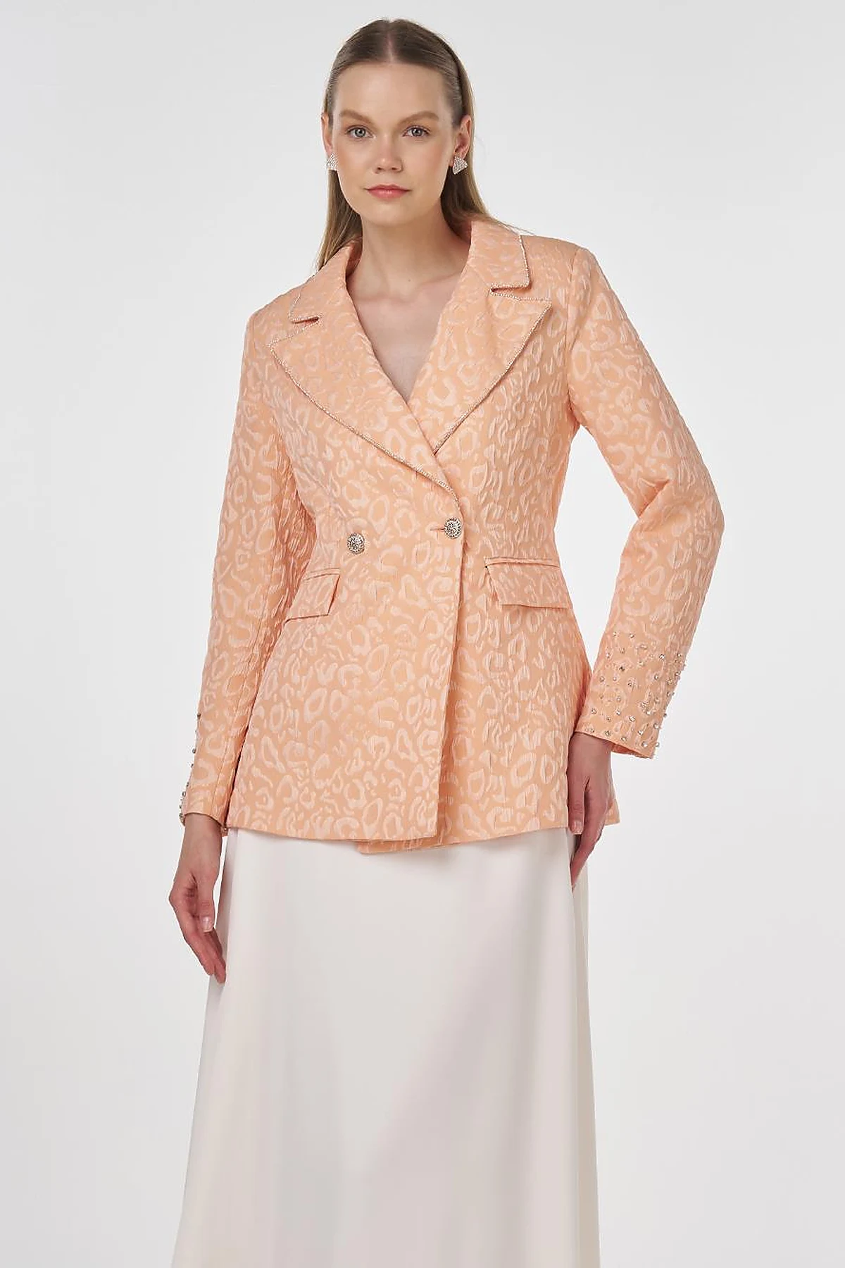 Stone-Embellished Jacquard Blazer Jacket Peach