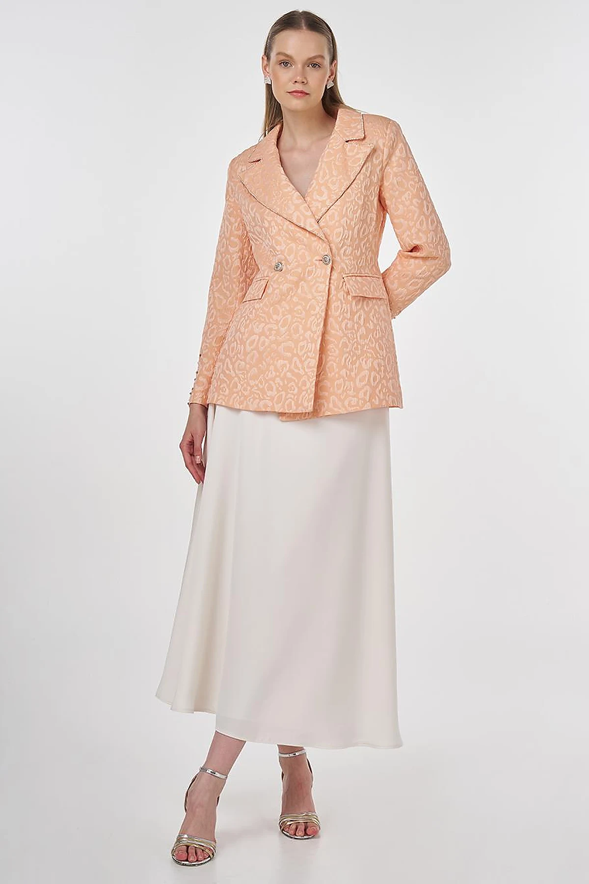 Stone-Embellished Jacquard Blazer Jacket Peach
