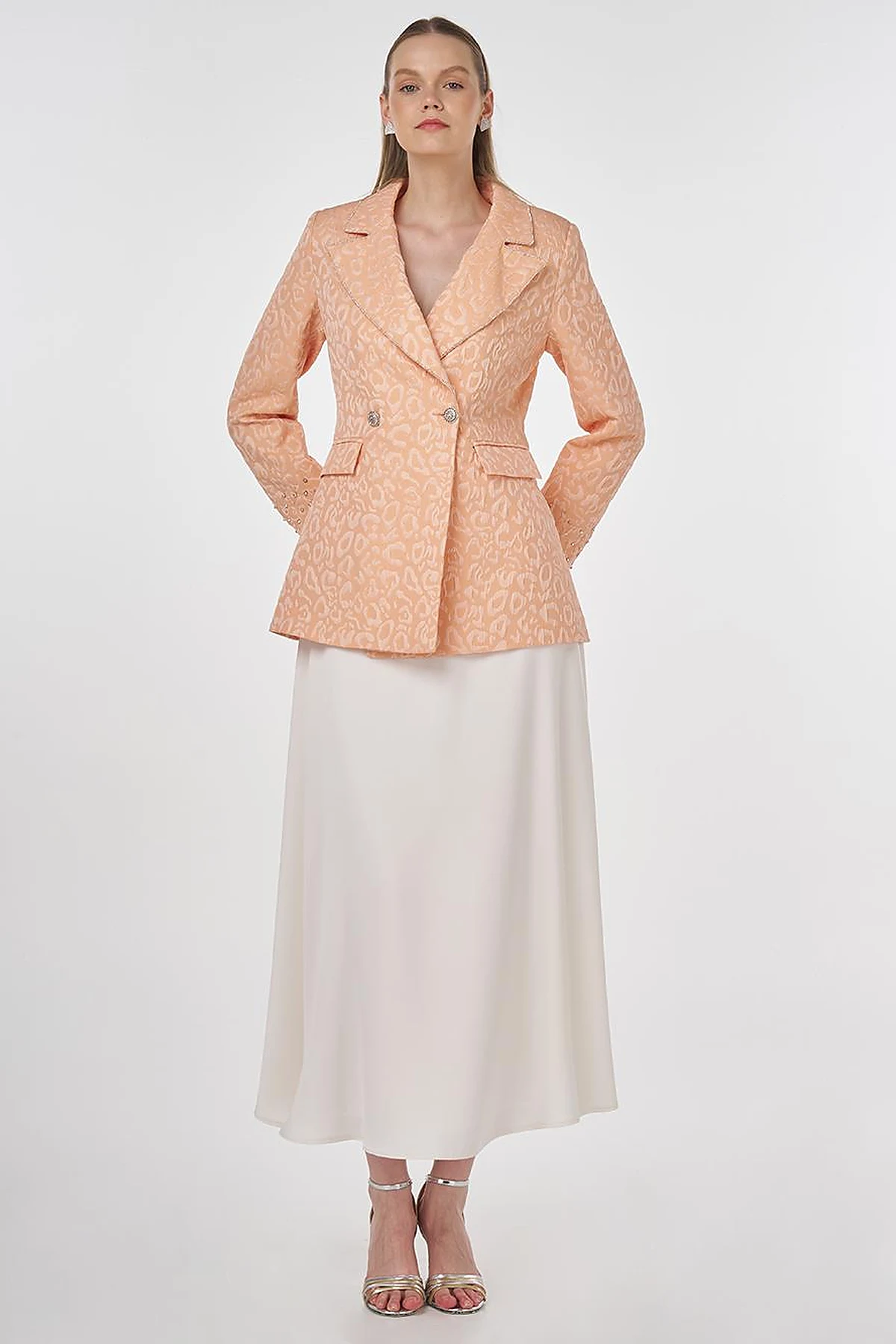 Stone-Embellished Jacquard Blazer Jacket Peach