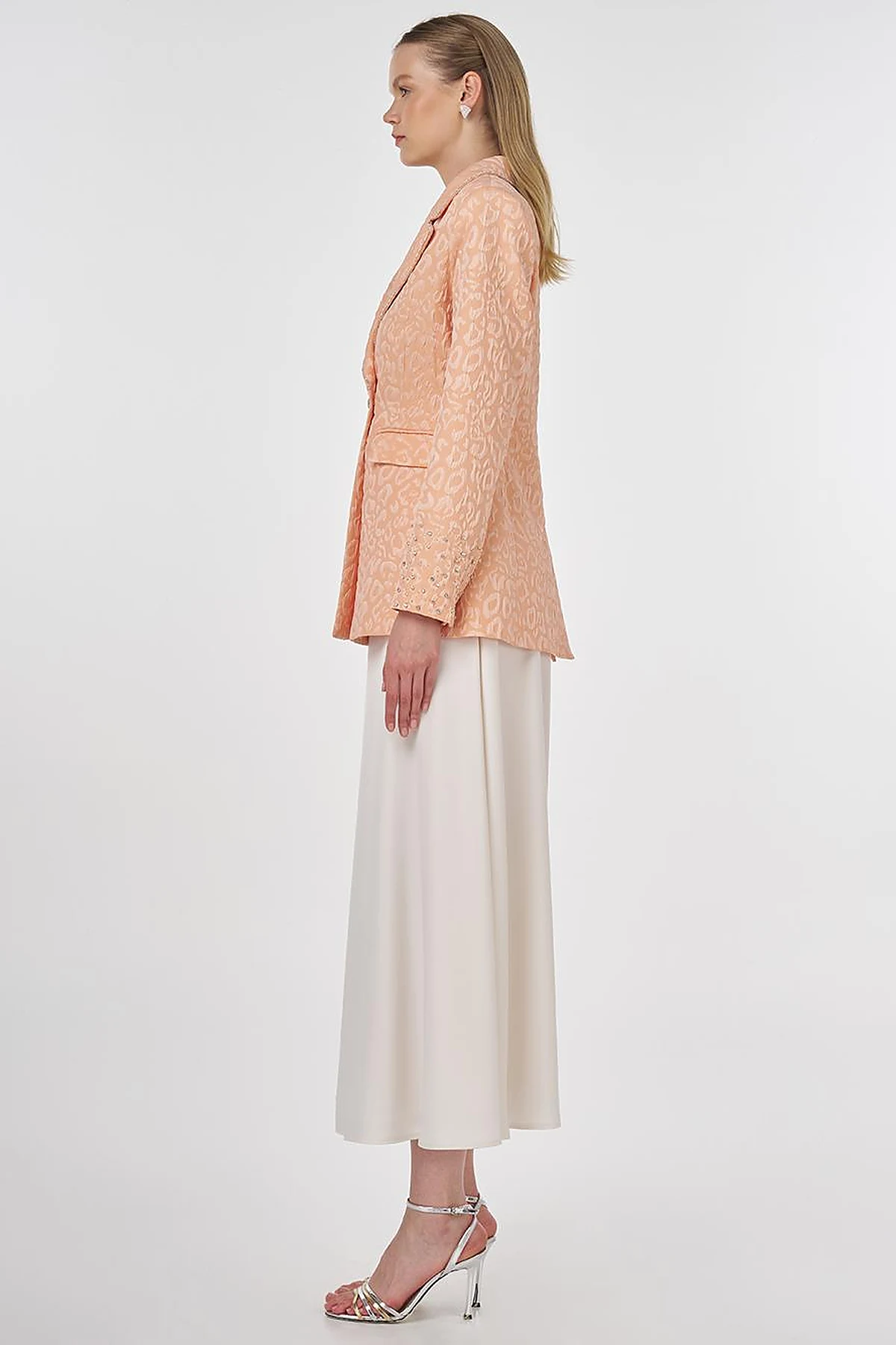 Stone-Embellished Jacquard Blazer Jacket Peach