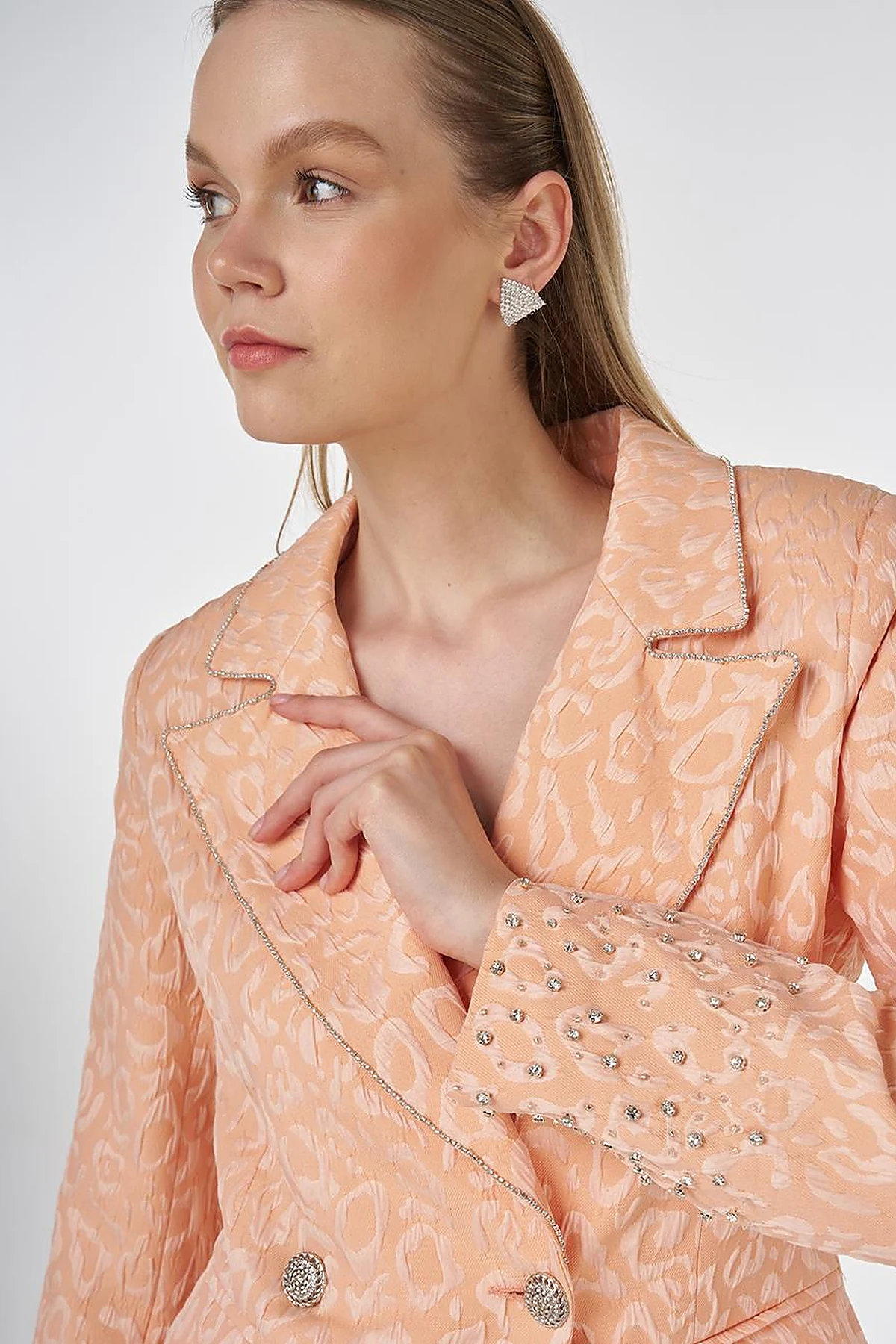 Stone-Embellished Jacquard Blazer Jacket Peach
