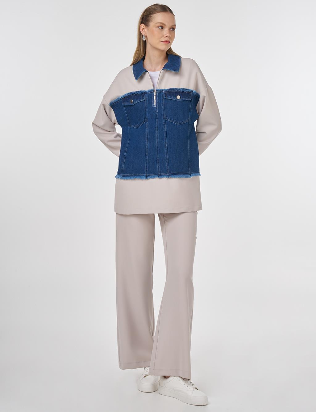 Denim Panel Detailed Two-Piece Set Light Grey