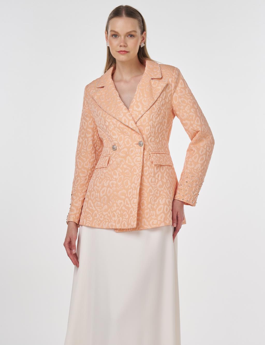Stone-Embellished Jacquard Blazer Jacket Peach
