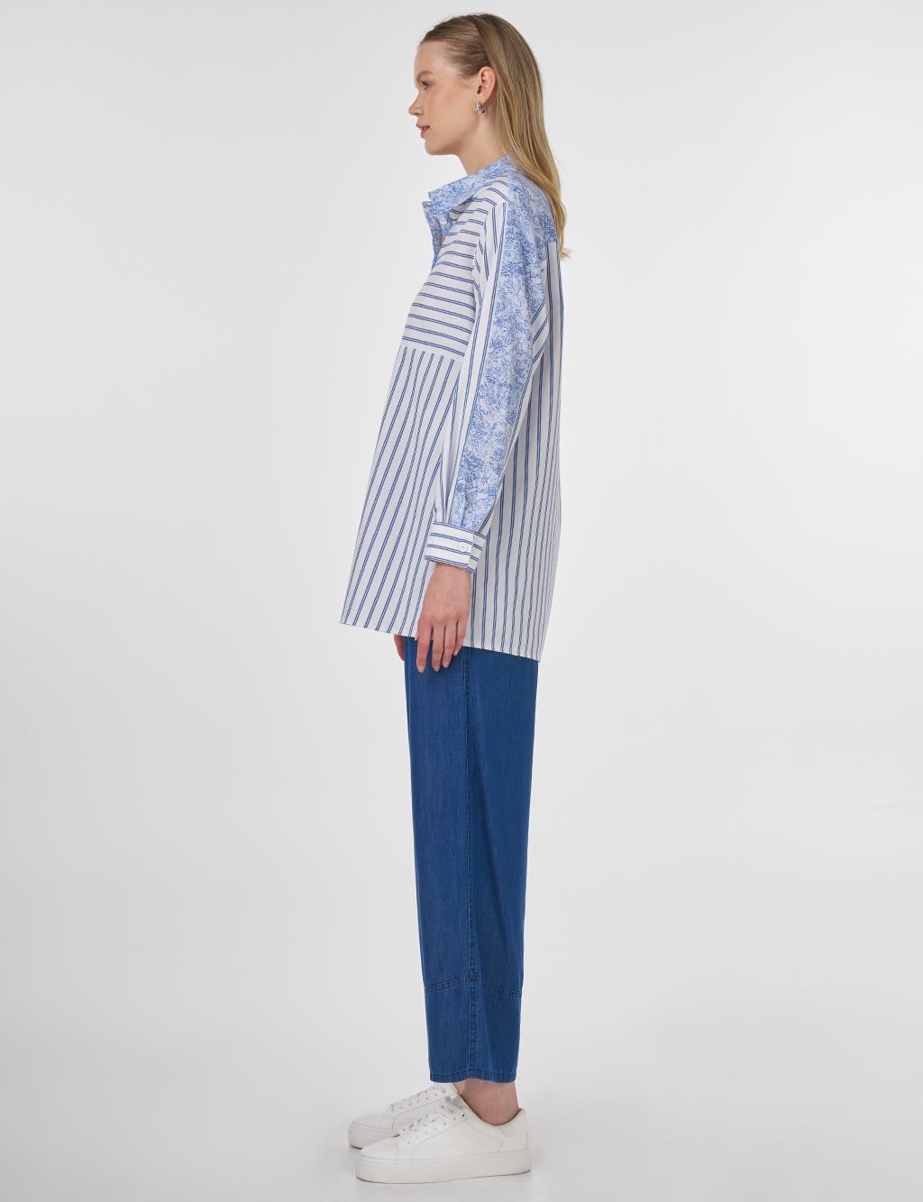 Fabric-Trimmed Striped Tunic Indigo 