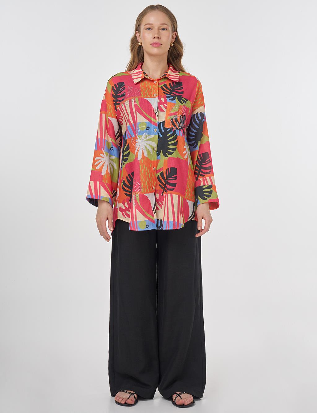 Floral Desenli Gömlek Yaka Tunik Fuşya