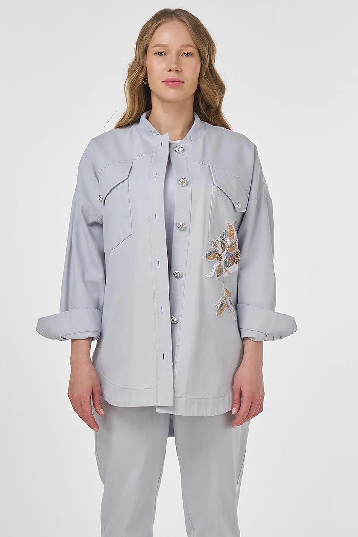 Embroidered Canvas Jacket Blue